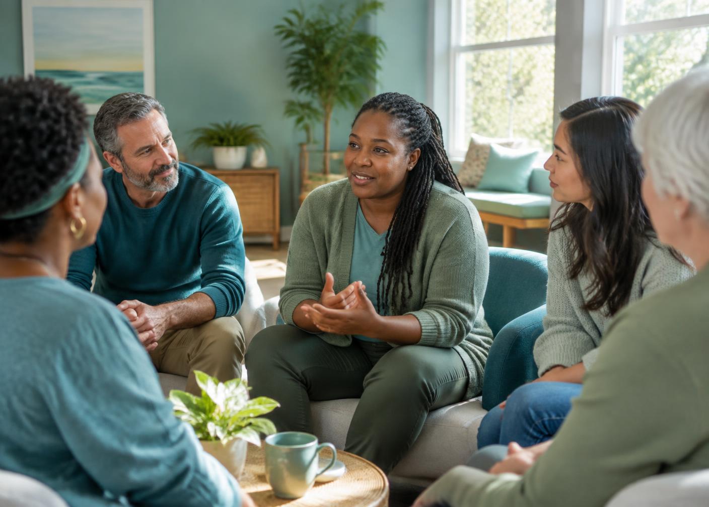A diverse group of adults in a supportive conversation